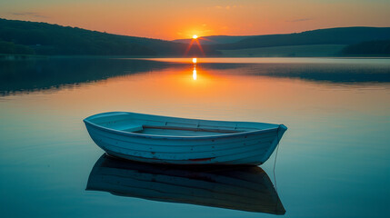 Naklejka premium Fishing boat anchored in a calm bay at sunrise