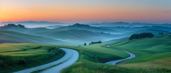 sunset over the mountains with foggy