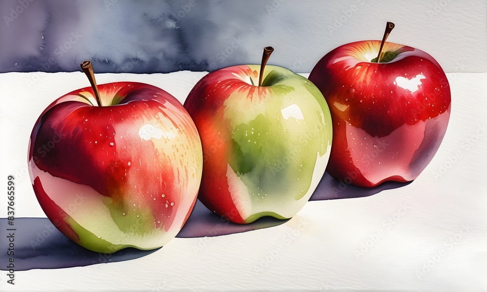 Poster Apples on a white background. Watercolor art. Wallpaper, background, postcard, poster. Health and wellness concept.	