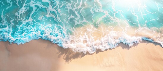 Fototapeta premium Top view of light blue transparent abstract water waves with beach sand. generative AI image