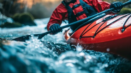 Naklejka premium Intense close-up capturing the details of a kayaker's paddle cutting through the forceful whitewater rapids