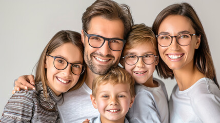 Happy caucasian family of five wearing eyeglasses on light grey background. Smiling mother, father, two sons and daughter wearing eyeglasses in various frames. Optics store, family clinic, promotion
