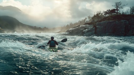 A kayaker is seen from a rear perspective, paddling through the rough waters of a river against a backdrop of misty mountains
