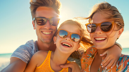 Obraz premium Happy family of three wearing sunglasses on the beach. Smiling mother, father and daughter wearing glasses in various frames. Optics store, sunglass sale, travel, summer vacation
