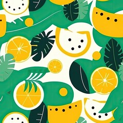 Minimalist graphic design of seamless pattern, summer tropical fruits.