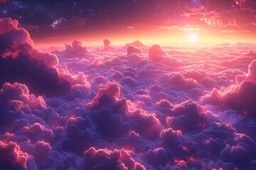 Fototapeta premium Dreamy Sunset Over Vibrant Pink and Purple Clouds with Starry Night Sky - Perfect for Surreal Art, Posters, Digital Art Designs