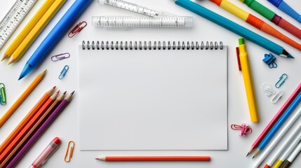 Artistic layout of a blank sheet with colorful stationery, perfect for educational promotions, isolated background, studio lighting