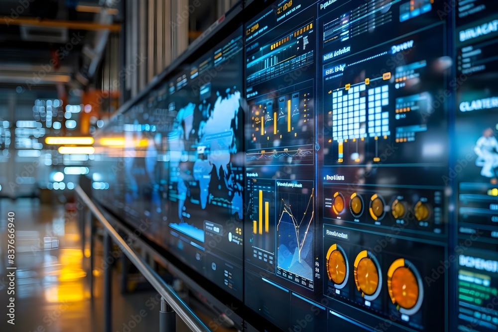 Poster digital twin of a smart factory displayed on a large screen showing real time data and analytics for
