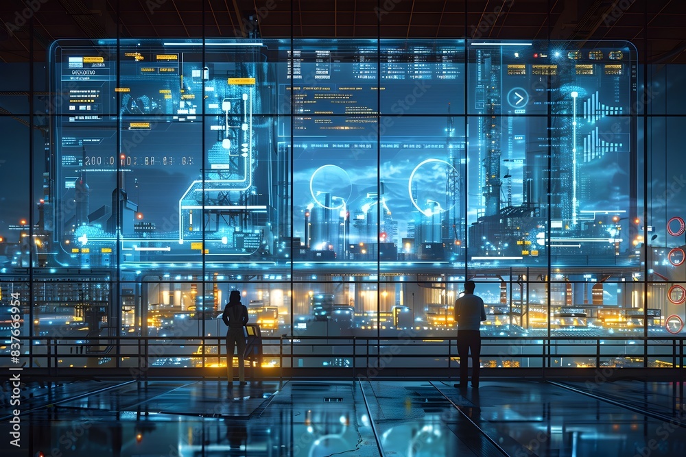 Poster smart factory digital twin displayed on large futuristic screen with real time data and analytics