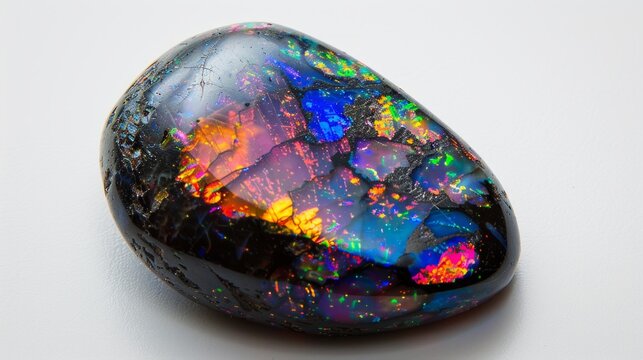 Black Opal stone, photographed in the studio with a white background, showing the beautiful surface details and color of the stone, Ai generated Images