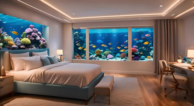 Cozy bedroom with a large aquarium on the wall and colorful fish
