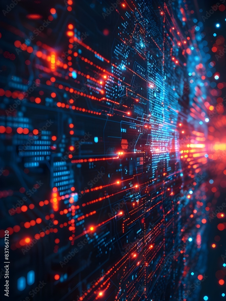 Poster vibrant digital landscape showcasing machine learning algorithms and data flow