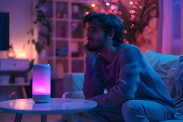 Man Interacting with Voice Activated Smart Assistant in Cozy Home Setting