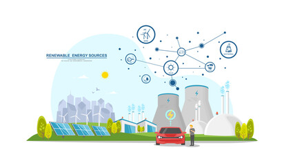 Caring for the environment and using clean green energy from renewable energy sources low carbon concept, Technology for a sustainable environment, Power generation system industry on city background.