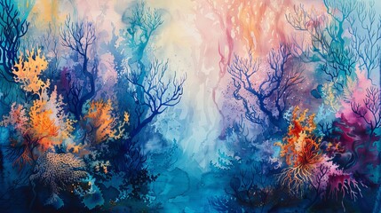 Abstract aquatic forest in watercolor, filled with intricate seaweeds and coral formations, fluid transitions and harmonious colors
