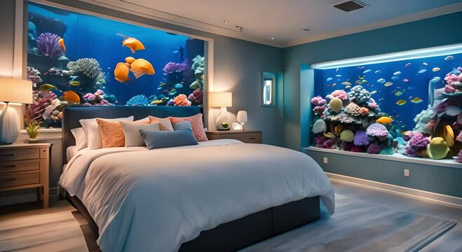 Cozy bedroom with a large aquarium on the wall and colorful fish