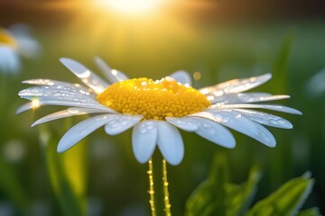 daisy flower with dew. Discover the captivating symmetry in the heart of a blooming daisy flower, kissed by morning dew. good morning vibe