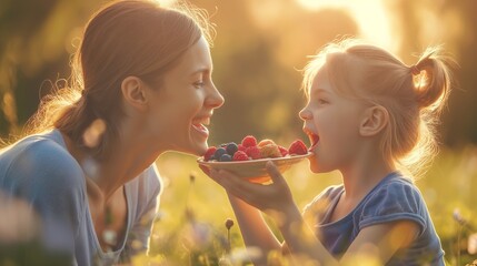 Fototapeta premium An adult and child are sharing fruits during a sunny day, faces blurred