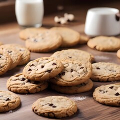 chocolate chip cookies with milk on plate