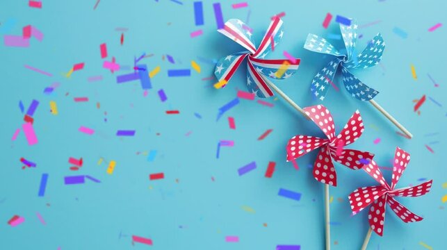  Video of pinwheel paper with American flags motif and decorative in blue background, blank space for text. Greeting card for American independence day.