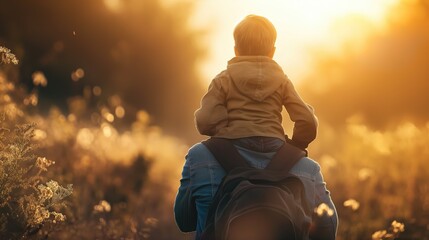 Father giving a ride to his preteen cheerful child son outdoors hiking or trekking together for quality family time