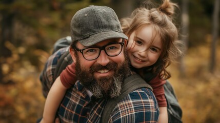 Fototapeta premium Father giving a ride to his preteen cheerful child happy daughter outdoors hiking or trekking together for quality family time