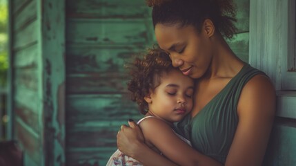 A mother holds her drowsy child close, conveying a feeling of safety and maternal warmth