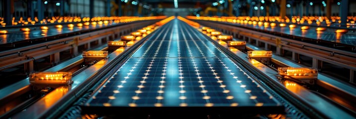 High-tech automated factory production line with bright lights and advanced machinery for efficient manufacturing processes.