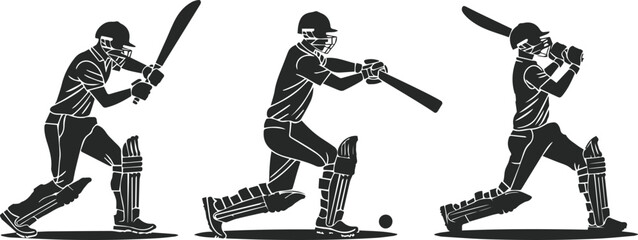 Set of batsman silhouette playing cricket on the field. Black and white