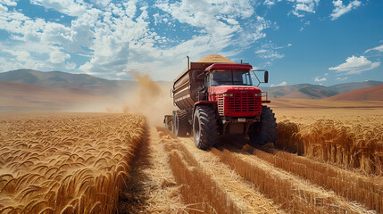 Naklejka premium Combine harvester working on a field .