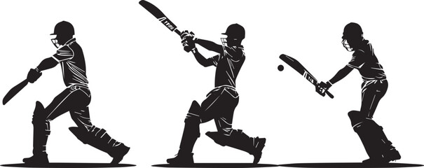 Set of batsman silhouette playing cricket on the field. Black and white