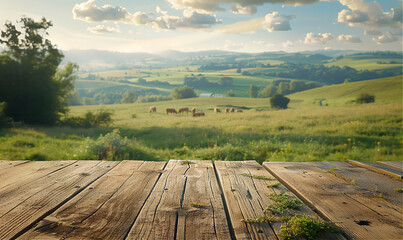 Empty wooden table top for product advertising with an idyllic view with green nature and grazing animals