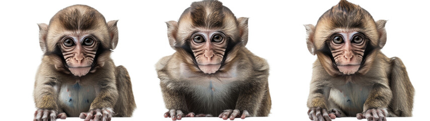 Three Baby Japanese Macaques Sitting on White Background