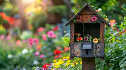  A birdhouse with flowers blooming from its sides in a garden teeming with wildflowers Sun rays filtering through trees behind