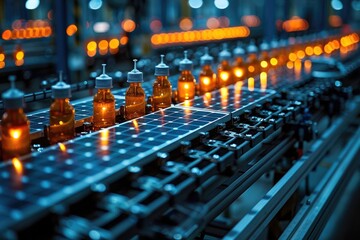 Conveyor belt with bottles and glowing lights in a modern manufacturing facility, showcasing automation and technology in production.