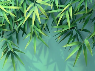 Stylized bamboo leaves, vibrant greens, flat design, clean lines