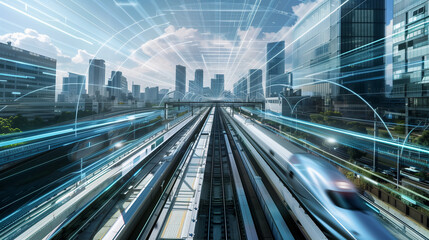 Fototapeta premium High-speed train network interface, visualizing the seamless integration of maglev technology across an urban landscape 