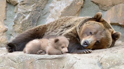  A large brown bear sits atop a rock, with a smaller one lying on its back beside them, both on a pile of rocks