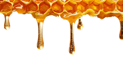 Close-up of golden honey dripping from honeycomb.  Sweet, natural, and delicious.