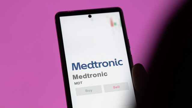 April 09th 2024 , Dublin, Ireland. Close up on logo of Medtronic on the screen of an exchange. Medtronic price stocks, $MDT on a device.