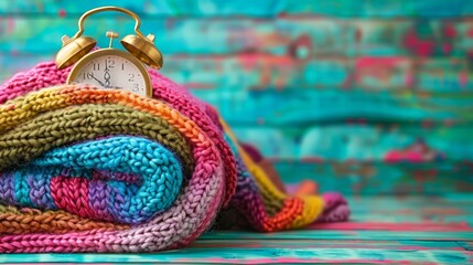  A multicolored blanket lies in front of a vibrant, colorful wall An alarm clock rests atop the blanket In the background, a brick wall painted in various hues - Powered by Adobe