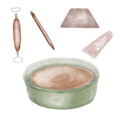 Pottery wheel and modeling tools in watercolor illustration isolated. Items for ceramic craft in pastel tone hand drawn. Stacks, spatula for pottery. For ceramics workshop, school, modeling clay