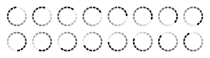 Thin hollow circle segemented into 16 parts buffering or loading symbol set. Set of thin hollow circle divided into sixteen shades of black colour isolated on white background.