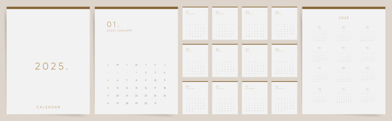 Calendar 2025. Calendar template 2025 for wall and desk use. Set of ready to print monthly vertical A4 designs. Elegant minimal modern 2025 calendar.	
