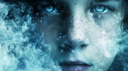  A close-up of a woman's face, adorned with droplets of water, reveals her captivating blue eyes