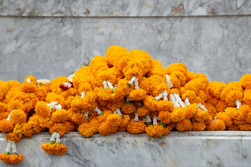 Marigold flower garlands are an offering to the gods that Thai people like to worship and pray for...
