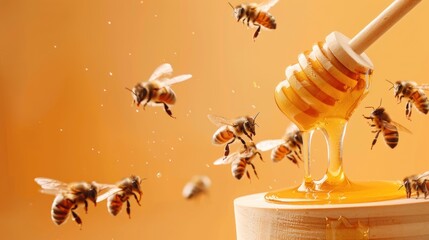 Honey dipper with bees in golden ambiance