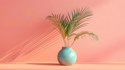 Obraz premium Minimalist Green Vase with Palm Leaf on Pink Background