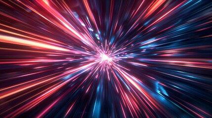 Vibrant light streaks of deep navy, bright red, and pale pink converge in a sci-fi warp speed effect.