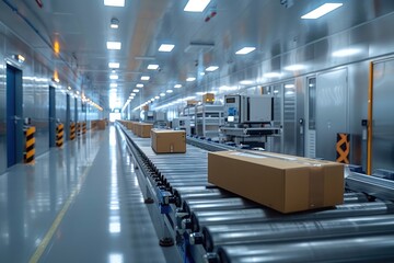 Obraz premium Modern automated warehouse with conveyor belt system and cardboard boxes, illustrating efficiency and technology in logistics.